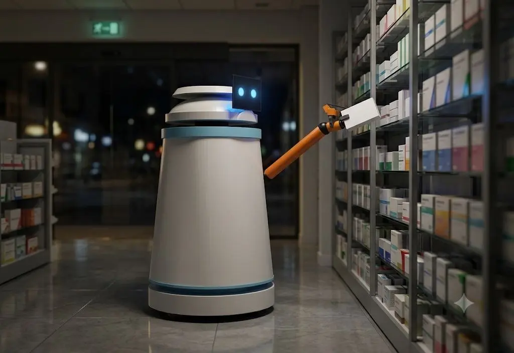 Robot ALBA trabajando de noche en la farmacia